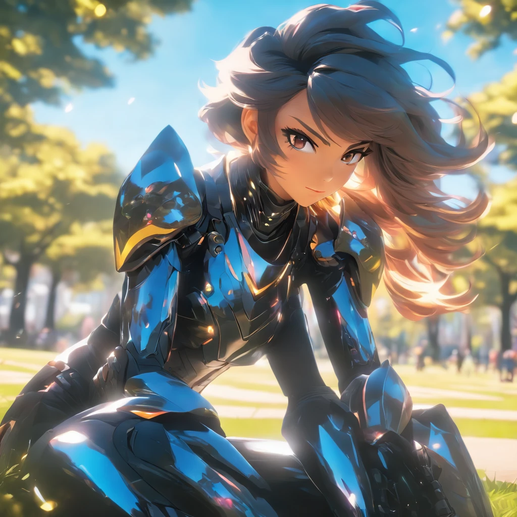 Realistic, unreal engine, full body shot, candid photography, beautiful woman with brunette hair wearing black reflective coating futuristic armor, sitting at the park, daytime, anamorphic lens flare effect