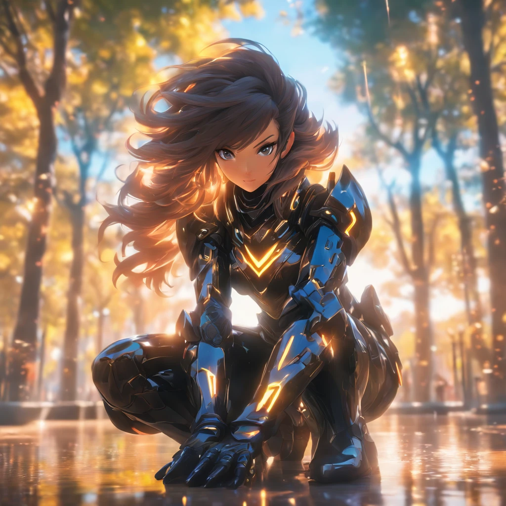 Realistic, unreal engine, full body shot, candid photography, beautiful woman with brunette hair wearing black reflective coating futuristic armor, sitting at the park, daytime, anamorphic lens flare effect