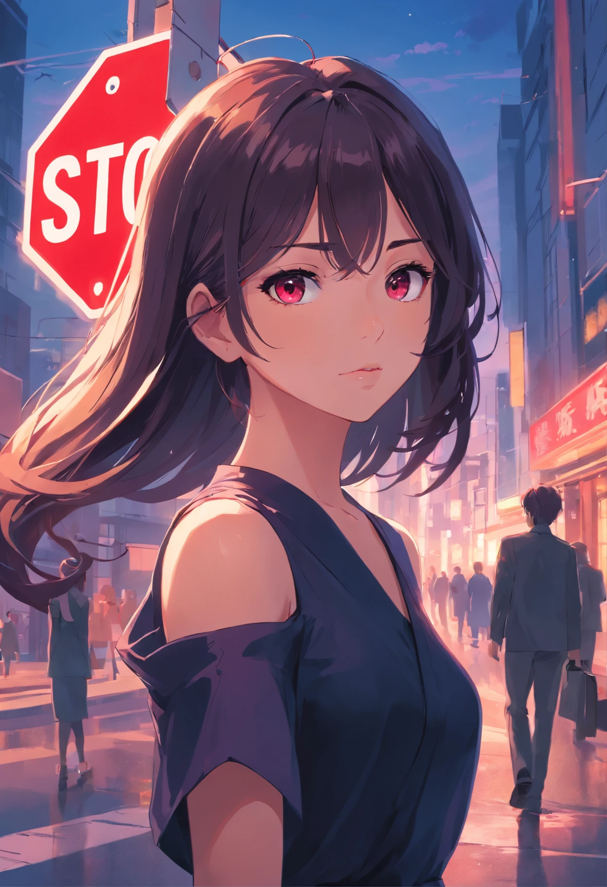 Detailed woman face looking at camera, dark. Black Dress for - bloclk eyes - hair purple - mouth Red, hurt stop sign,