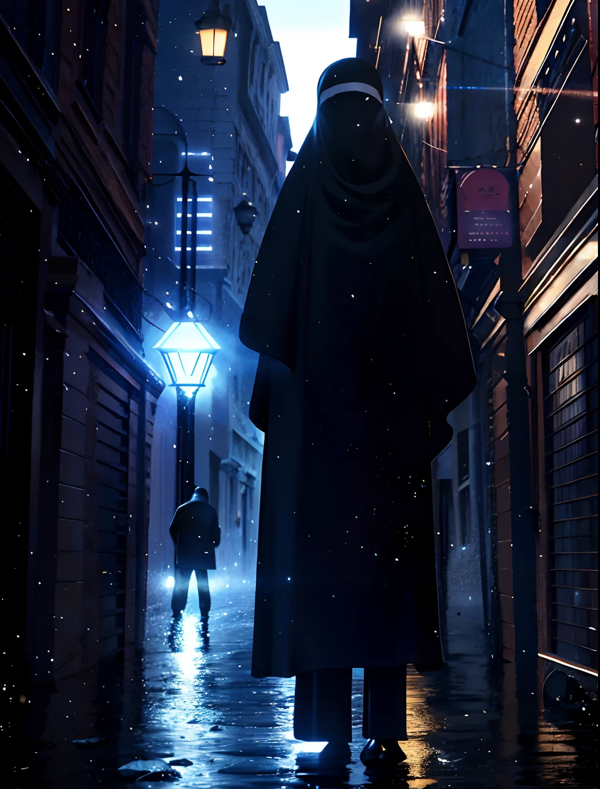 A Muslim woman is standing in the middle of a dark street with a light shining on her, em uma chuva de estrelas, concept art wallpaper 4k, Conceito Arte Digital, 3 d render beeple, Sobre a CGSeportence, cinematic beeple, CGSetnation ), Artgem e Beeple Masterpiece, CGSetnation 8k, CGSetnation 8 k, CGSetnation 8k, concept art 4 k