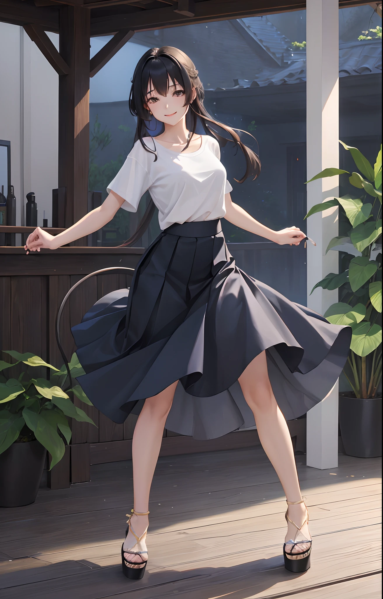 (masutepiece), (Best Quality), {girl}, Looking at Viewer, {day|Night}, {Indoors|Outdoors}, Beautiful hair、tshirts、Long skirt、platform sandals、Dancing, (Detailed face、Delicate facial features、Detailed skin)、Shiny skin、fearless smile、(thin skirt),