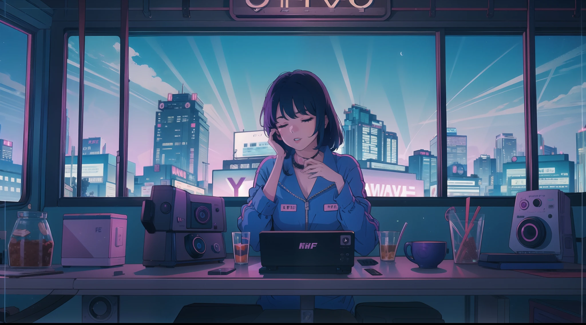 City, lo-fi, night, blue and purple, retro