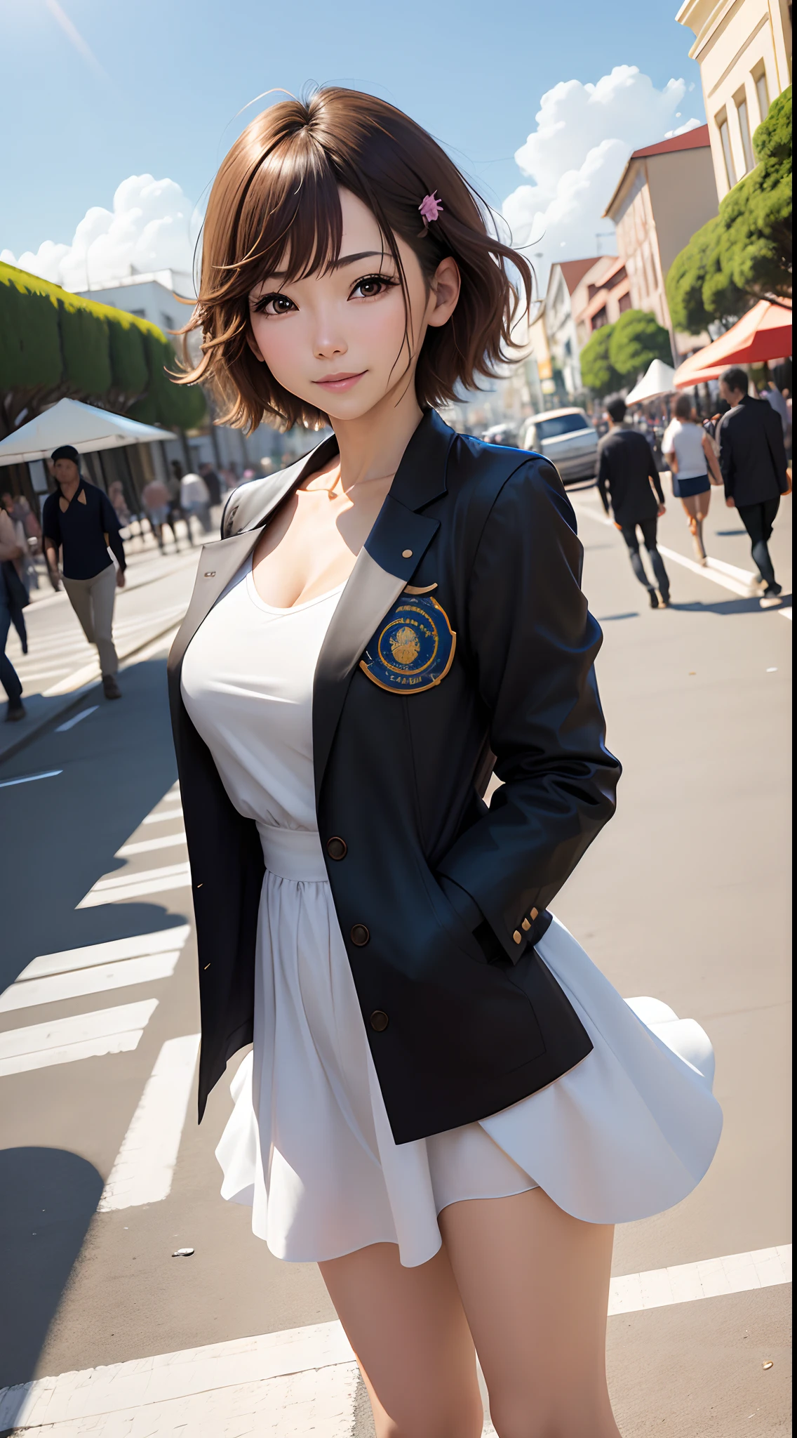 ((master part,best quality)),1girl,sozinho, (((Chisato Nishikigi))), short hair, cabelos amarelos claros, sozinho, vestir, Detalhe Olhos, Olhando para o Viewer, mangas compridas, Standing, vestido branco, Luvas,ornamento de cabelo, Black jacket, sorrir, cabelos flutuantes, Dutch angle, boca fechada, Desviando o olhar, (Parque do Centro),Cloudy sky, blue skies, cor quente,
