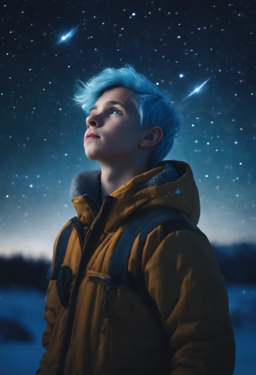An image of a young and handsome boy with light blue hair gazing up at the starry night sky during winter, with shooting stars streaking across the heavens.