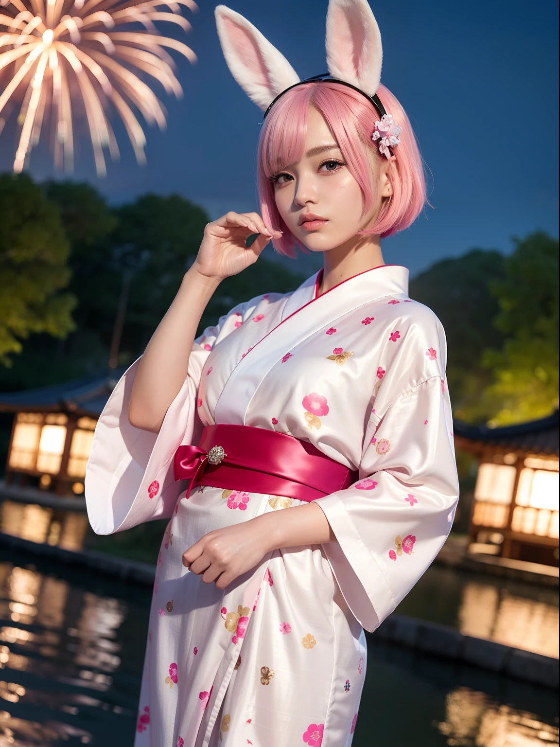 Fireworks display at night、Pink hair、Japanese Yukata、Yukata with Japanese pattern、Fireworks Festival、River、along the river、Realistic rabbit ears、rabbit ears pink hair sticking out of the head,,,,,,,,,、Bewitching atmosphere、Beautiful shaped hands、K-POP、Pink rabbit ears、1 girl in、独奏、masterpiece、top-quality、realisitic、Hyper-detailing、(Glossy skin:1.4)、absurderes、short pink hair、Slender beauties、动态照明、hight resolution、foco nítido、depth of fields、(thick thight:1.0)、A slender :1.2、((Short-cut bob hair))、((k pop:1.3))、Highly detailed facial and skin texture、((魅惑的))、Anatomically correct number of fingers、Correct anatomy、Angle from below