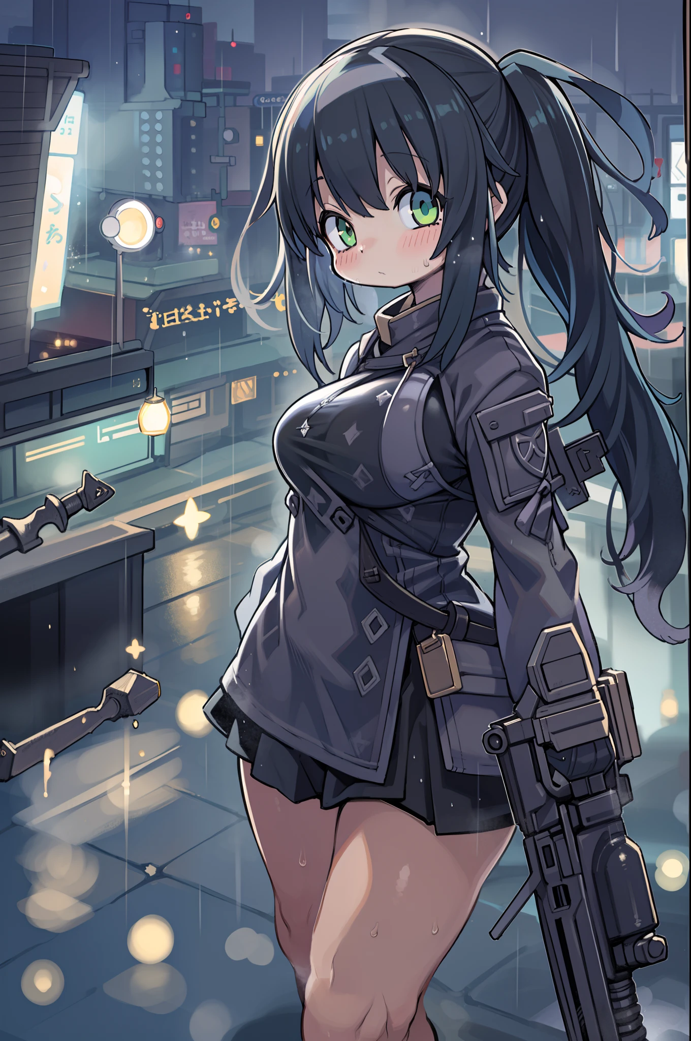 Huge assault rifle、Long sideburns、Anime-style girl with beautiful whole body, ,clean detailed faces, ciber,analogous colors, Glowing shadows, beautiful gradients, depth of fields, CLEAN IMAGE, High quality,Black Parker Closing、 high detailing, High Definition, blush, Fit, Heavenly Beauty, Very detailed, Soft lighting, Full body,Green&Black hair,Green eyes、Overhead view、look down from above、Running、In heavy rain、Wide Shot、Very Wide Shot