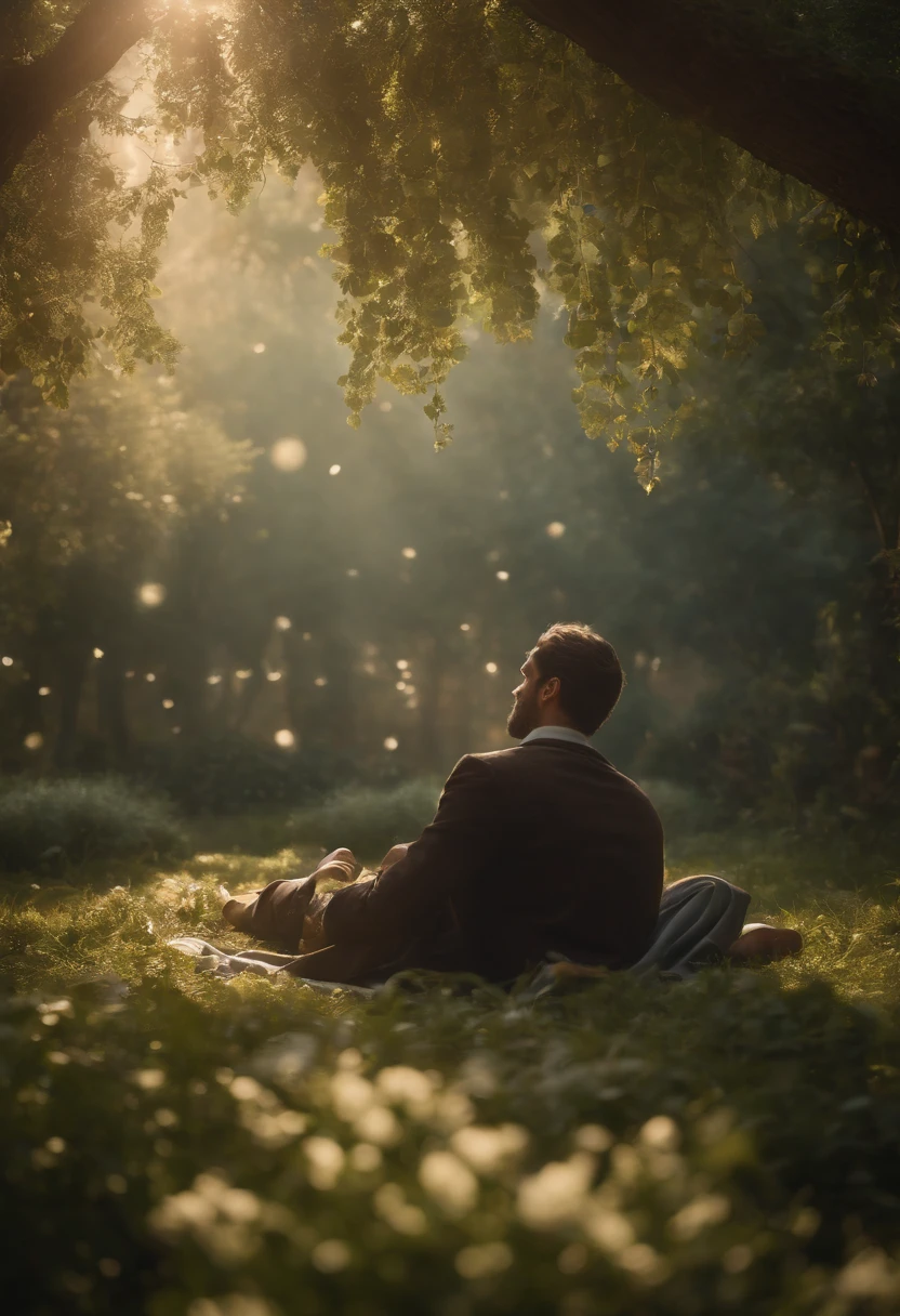 Unconscious man being controlled by strings from heaven

A man lying unconscious on the ground, surrounded by a serene garden. The man's eyes closed, peaceful expression on his face. [Dream-like atmosphere], [floating leaves in the air], [sunshine filtering through the trees], [soft breeze rustling the flowers], [delicate petals falling gently]. The garden is filled with vibrant colors and lush greenery, giving it a sense of tranquility and harmony.

The man's body is relaxed, his limbs positioned naturally. The strings from heaven extend downwards, connecting to different parts of his body. The strings are ethereal and translucent, with a faint glow. [Intricate and detailed strings], [gentle movement], and they seem to be gently pulling the man, as if guiding his every move.

The strings are a metaphor for the forces that control our lives, representing destiny or a higher power. They symbolize the delicate balance between free will and fate. [Mysterious and captivating], [heavenly glow], [ethereal connection].

The overall image should have [best quality, 4k, highres], with [ultra-detailed] rendering. It should be [realistic, photorealistic], capturing the smallest details of the man's face, clothes, and the garden surroundings. The lighting should be [soft and warm], creating a gentle and serene ambiance.

[Symbolic representation], [surreal artwork], [dreamlike journey], [spiritual awakening]. The artwork should have a [painting-like texture], with a touch of [magical realism]. It aims to evoke emotions of wonder, reflection, and a sense of the mysterious forces that shape our lives.