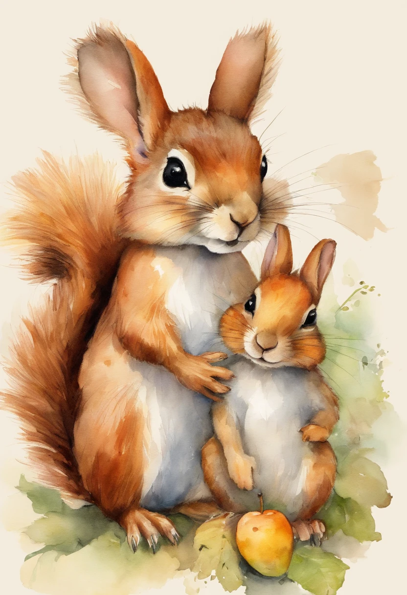 Image of a picture book、Cute squirrel and rabbit、Various angles、Falling fruit