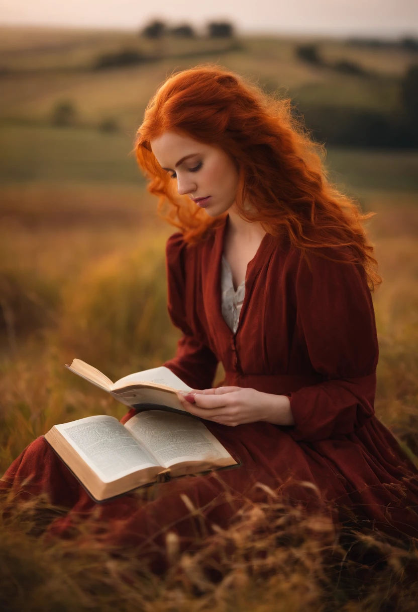 red-haired girl reading a book on the battlefield