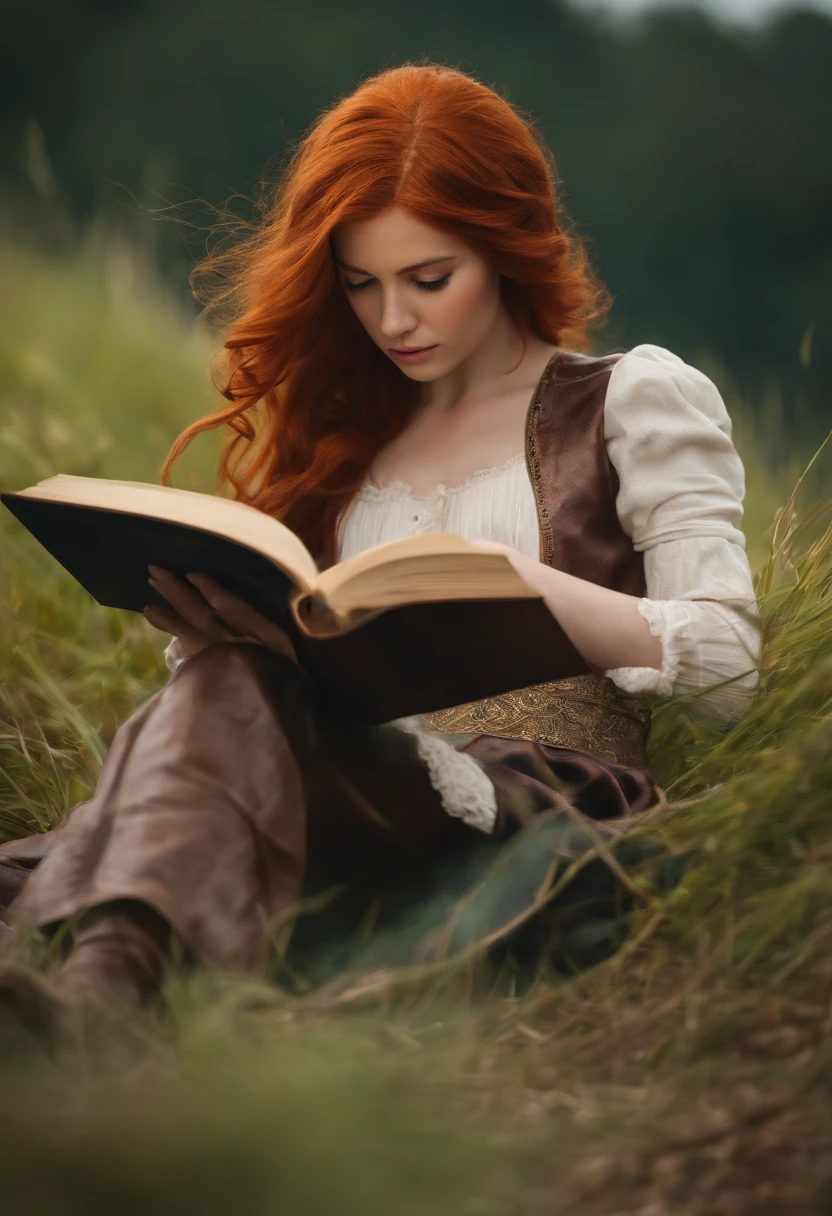 red-haired girl reading a book on the battlefield