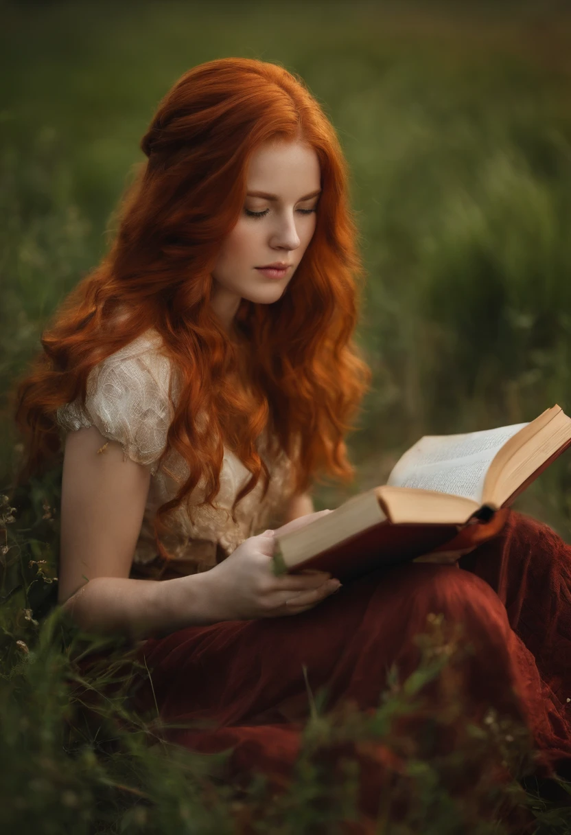 red-haired girl reading a book on the battlefield