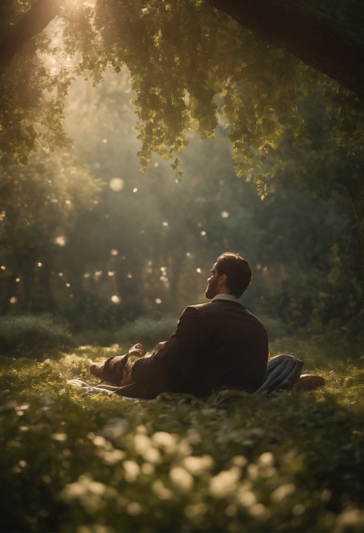 Unconscious man being controlled by strings from heaven

A man lying unconscious on the ground, surrounded by a serene garden. The man's eyes closed, peaceful expression on his face. [Dream-like atmosphere], [floating leaves in the air], [sunshine filtering through the trees], [soft breeze rustling the flowers], [delicate petals falling gently]. The garden is filled with vibrant colors and lush greenery, giving it a sense of tranquility and harmony.

The man's body is relaxed, his limbs positioned naturally. The strings from heaven extend downwards, connecting to different parts of his body. The strings are ethereal and translucent, with a faint glow. [Intricate and detailed strings], [gentle movement], and they seem to be gently pulling the man, as if guiding his every move.

The strings are a metaphor for the forces that control our lives, representing destiny or a higher power. They symbolize the delicate balance between free will and fate. [Mysterious and captivating], [heavenly glow], [ethereal connection].

The overall image should have [best quality, 4k, highres], with [ultra-detailed] rendering. It should be [realistic, photorealistic], capturing the smallest details of the man's face, clothes, and the garden surroundings. The lighting should be [soft and warm], creating a gentle and serene ambiance.

[Symbolic representation], [surreal artwork], [dreamlike journey], [spiritual awakening]. The artwork should have a [painting-like texture], with a touch of [magical realism]. It aims to evoke emotions of wonder, reflection, and a sense of the mysterious forces that shape our lives.