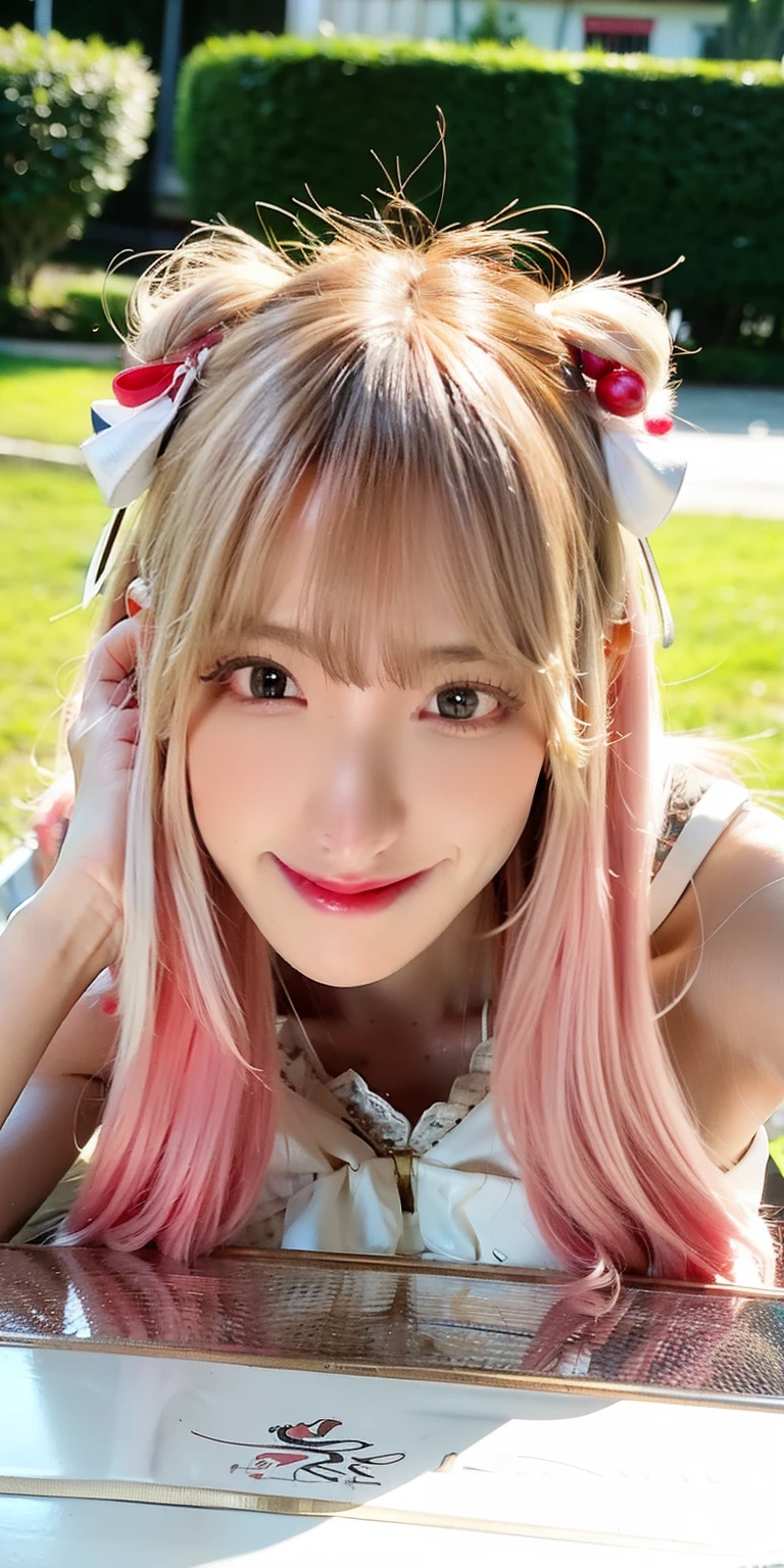 (8K, 4K, Best quality, A high resolution:1.2), (marsterpiece, Realistic, photograph realistic:1.37), 1girll, Solo, Beautiful face, eyeslashes, nase, Glossy lips, (Detailed eyes, view the viewer, Fair skin, White skin:1.5), fine complexion, Upper body,
Large breasts, Busty, , (:1.5),
Outdoor onsen,
two sides up, Absurdly long hair, Blonde hair, Pink hair, bangs, hair adornments, bow,
Younger, aged down,