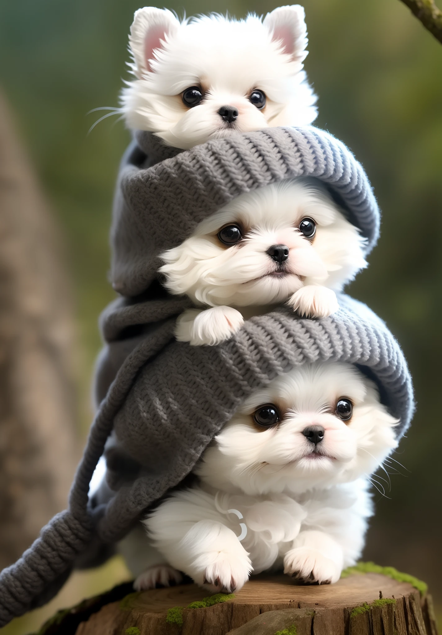 There are three puppies wrapped in a blanket on a tree stump, cachorros  bonitos, cachoros bonitos, cute adorable, foto de cachorro bonito, adoravelmente fofo, cute and adorable, painting digital adorable, adolable, Cute dog smol wearing smol hat, lovely and cute, animais bonitos, fofura, animal bonito, arte digital bonito, cachorro bonito, fofo, fofo e fofinho, cachorros