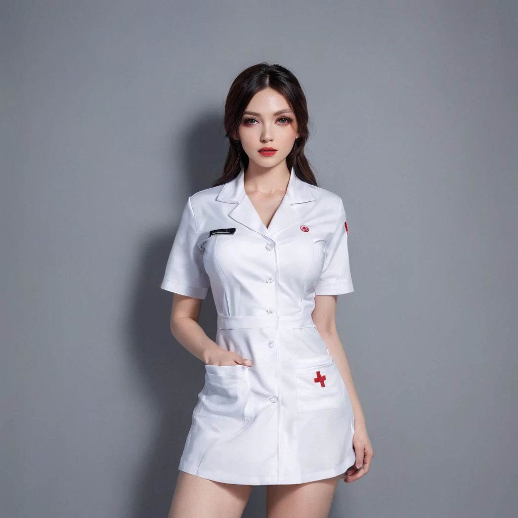 Girl in Nurse Costume Outfit, 。.。.brunette color hair，Semi-long with black hair、life-like、The background is a dimly lit Western mansion、large full breasts