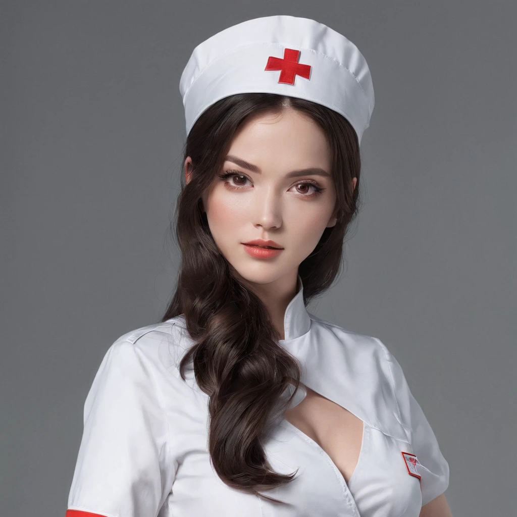 Girl in Nurse Costume Outfit, 。.。.brunette color hair,Semi-long with black hair、life-like、The background is a dimly lit Western mansion、large full breasts