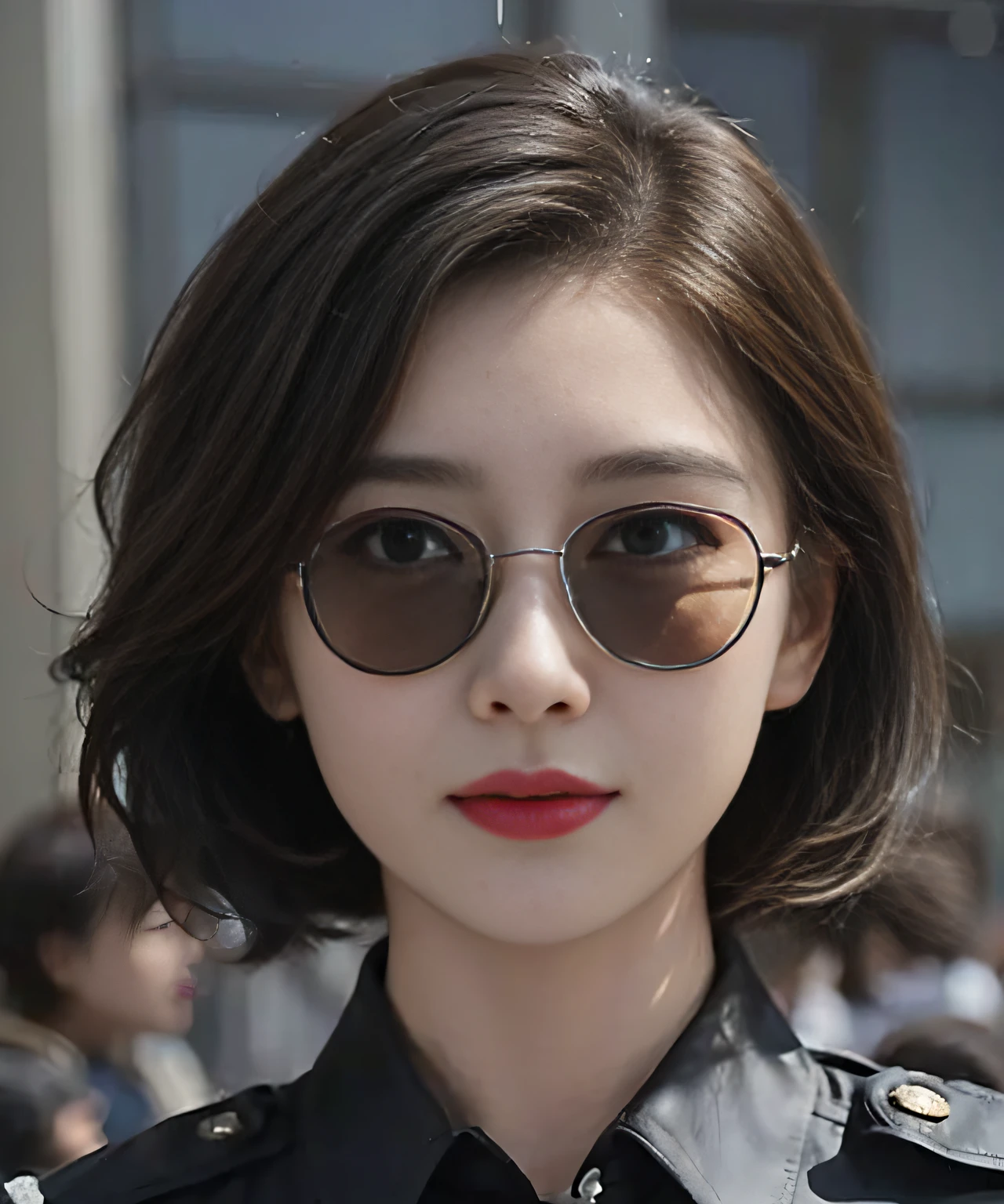 Close-up of a woman in uniform and sunglasses, with short hair, Korean girl, Guviz-style artwork, with round face, young lovely Korean faces, south east asian with round face, wearing small round glasses, Small round face, cute round slanted eyes, short brown hair and large eyes, young and cute girl, high quality portrait