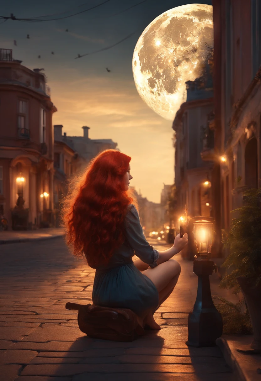 red-haired girl drawing an anthem with the light of the moon at dusk on a deserted street