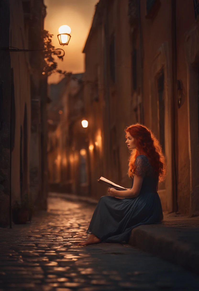 red-haired girl drawing an anthem with the light of the moon at dusk on a deserted street