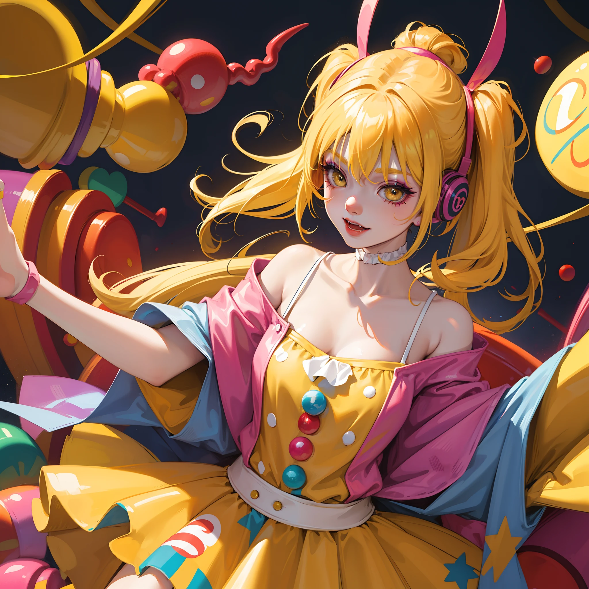 girl with yellow hair and yellow eyes, clown girl, clown makeup, circus vibes, high quality, pigtails, clown, red clown nose, colorful headphones, colorful circus and clown vibes, bangs, fangs, yellow eyebrows