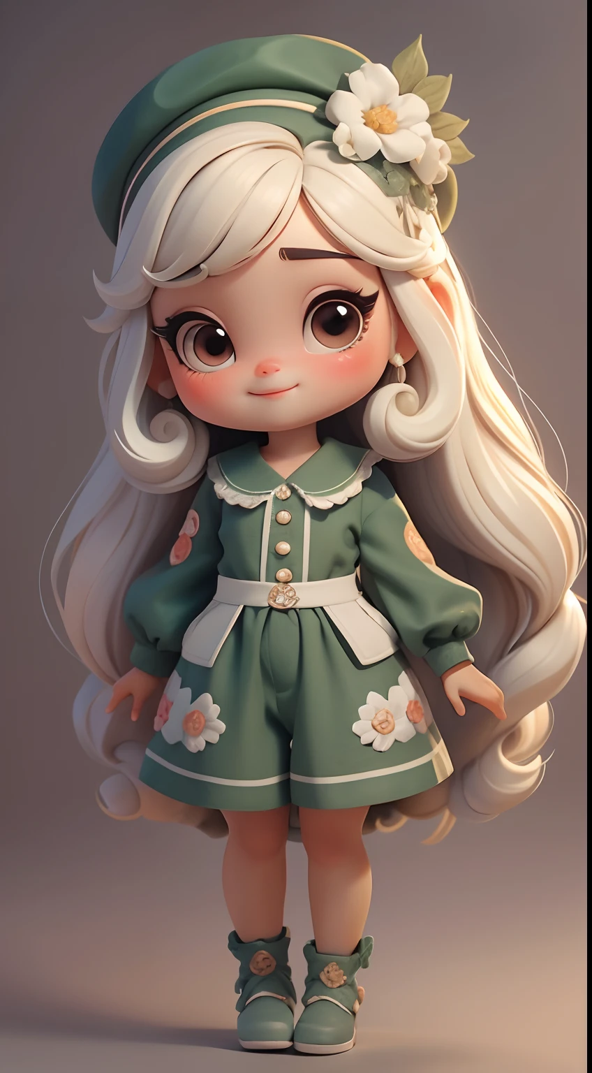 Create a series of cute baby chibi style loli dolls with a cute forest theme, sorridente e fofa, each with lots of detail and in an 8K resolution. All dolls should follow the same solid background pattern and be complete in the image, mostrando o (corpo inteiro, incluindo as pernas: 1.5)

Boneca fada: Chame-a de Bella. Ela deve ter cabelo longo e cacheado em tons moreno e preto. Seus olhos devem ser grandes e brilhantes, with long eyelashes and rosy cheeks. Bella should be dressed in a country-style jumpsuit, delicado, florido e detalhado. She should wear a hat and no accessories on her hands, deixando elas sem nada. Don't forget the details, com detalhes coloridos e enfeites encantadores, sapato bonito

Certifique-se de adicionar sombras, texturas e detalhes nos cabelos, roupas de cada boneca, to make them even more adorable and charming.