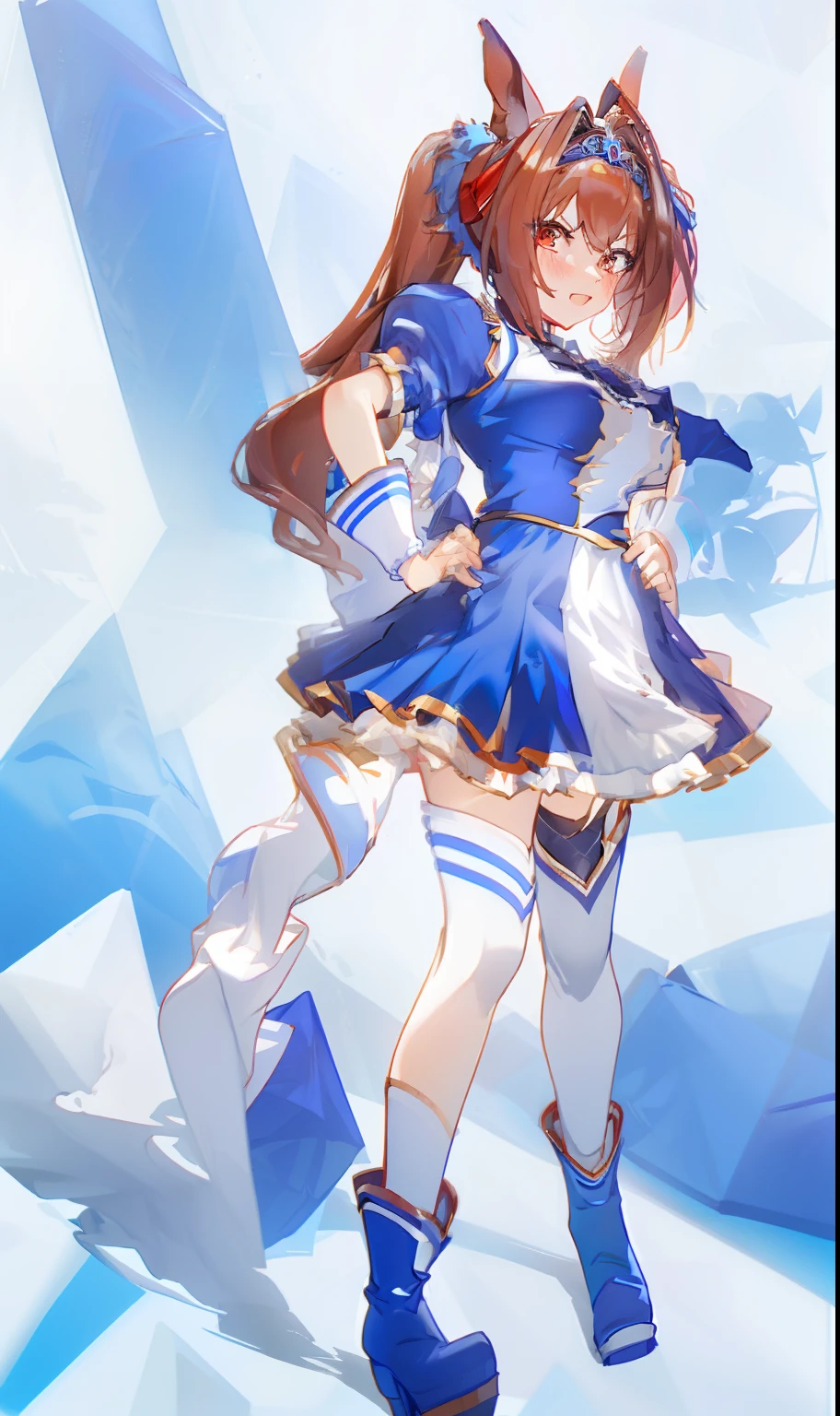 Anime girl in blue dress and boots standing on stage, from the azur lane videogame, Ayaka Genshin Impact, marin kitagawa fanart, high detailed official artwork, Rin, azur lane style, cushart krenz key art feminine, Cute anime waifu in a nice dress, characters from azur lane, from arknights