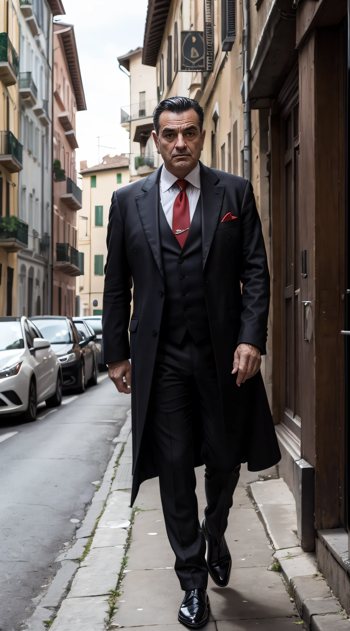 A photo of a quintessential Italian mafioso: he's a aged man, wearing a wide dark woolen overcoat over a black suit with a white shirt and a red tie. He has dark, slicked-back hair and a clean-shaven face. In his hands, an assault riffle. His speech is smooth and confident, with a heavy Italian accent. In the background, there's an Italian street atmosphere. This mafioso is the embodiment of style, charisma, and the mystique of the Italian mafia world.