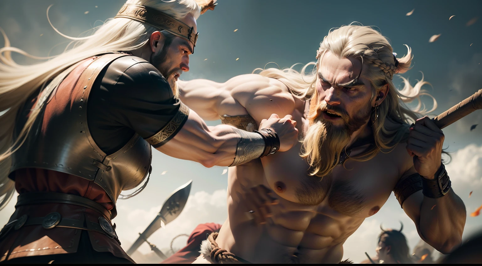 Viking fighting fiercely against an opponent