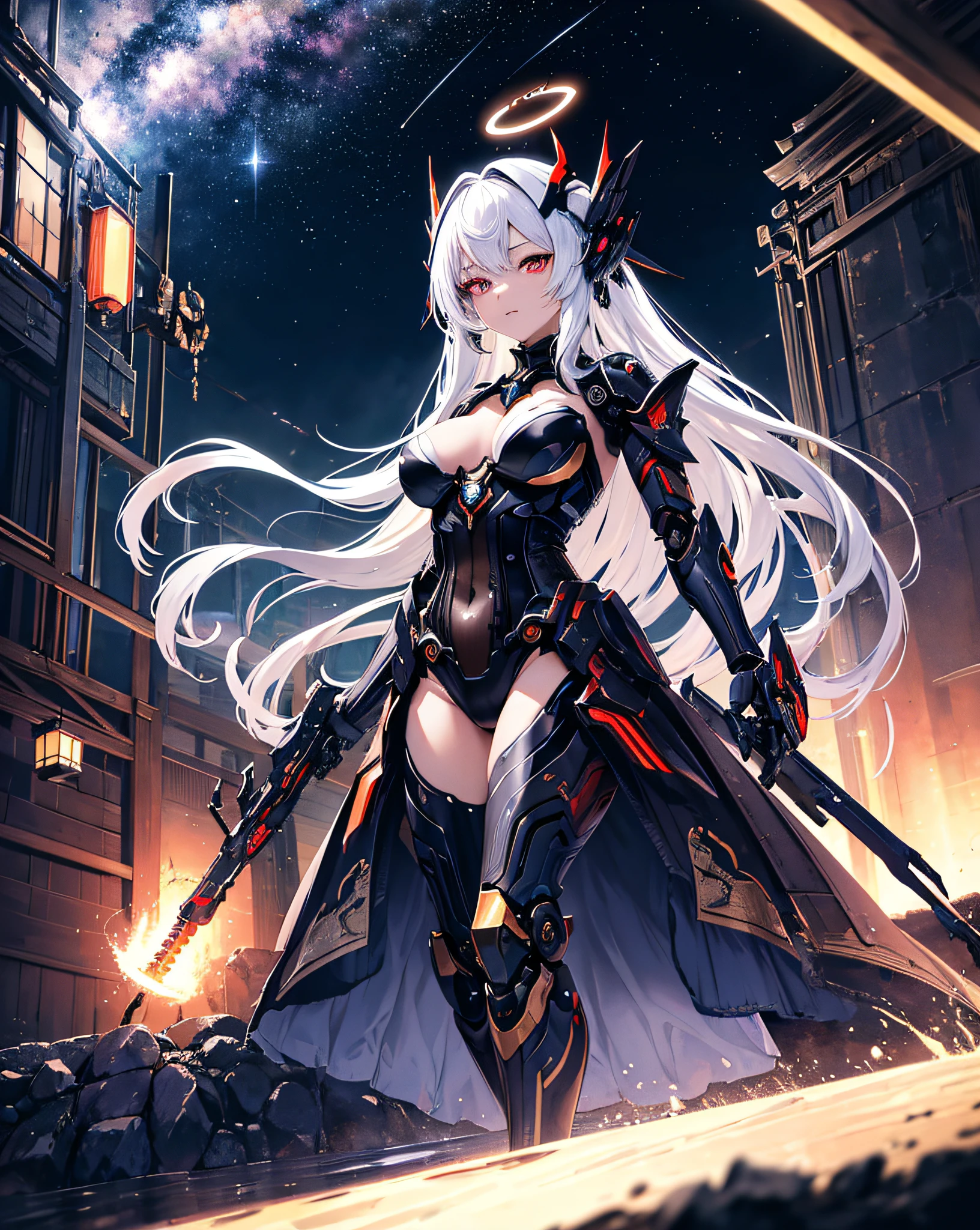 masterpiece,best quality,ultra-detailed,very detailed illustrations,extremely detailed,intricate details,highres,super complex details,extremely detailed 8k cg wallpaper,cowboy shot, caustics,reflection,ray tracing,demontheme,nebula,dark aura,cyber effect, (1girl:1.4),solo,alone,mecha musume,mechanical parts, robot joints,single mechanical arm, headgear, mechanical halo,star halo,intricate mechanical bodysuit, mecha corset, kimono, full armor, very long hair,white hair, hair between eyes, multicolored hair, colored inner hair, red eyes,glowing eye,eye trail, random expressions,random action, ancient japanese architecture,pond, starry sky,skyline,