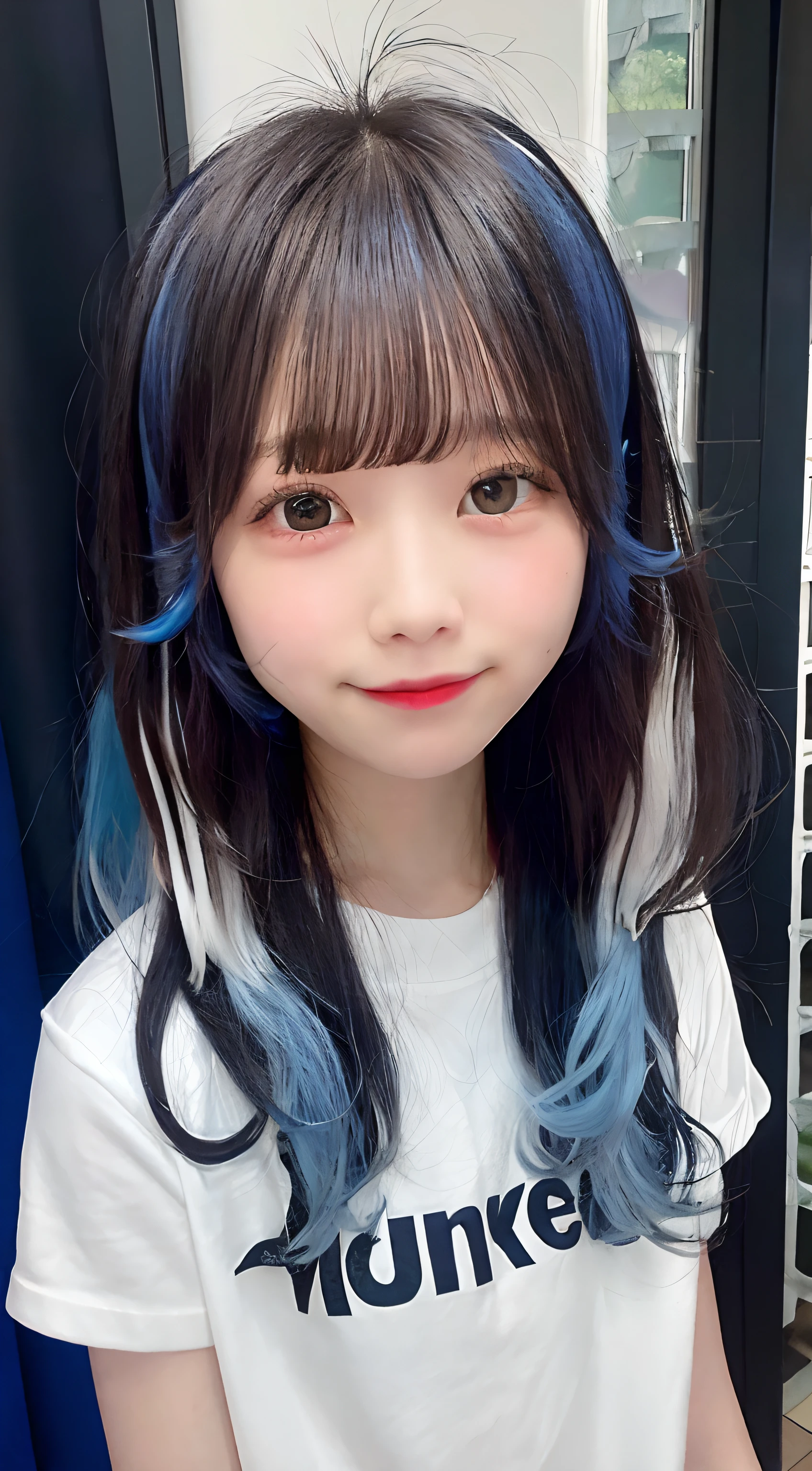 Minya Johnson, Mini Yaemori, Long hair, Bangs, Black hair, (Blue hair:1.4),  multicolored hair, Blunt bangs, striated hair, Ahoge,
BREAK  shirt, White shirt, Short sleeves,A smile、japanes、a picture,A smile、cute little,15 yo,A smile