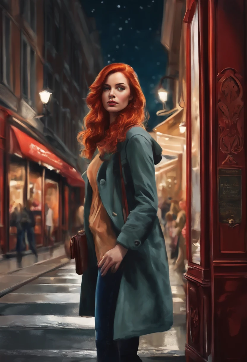 While walking on the street, the red-haired girl focuses on the poster and draws a picture of the street