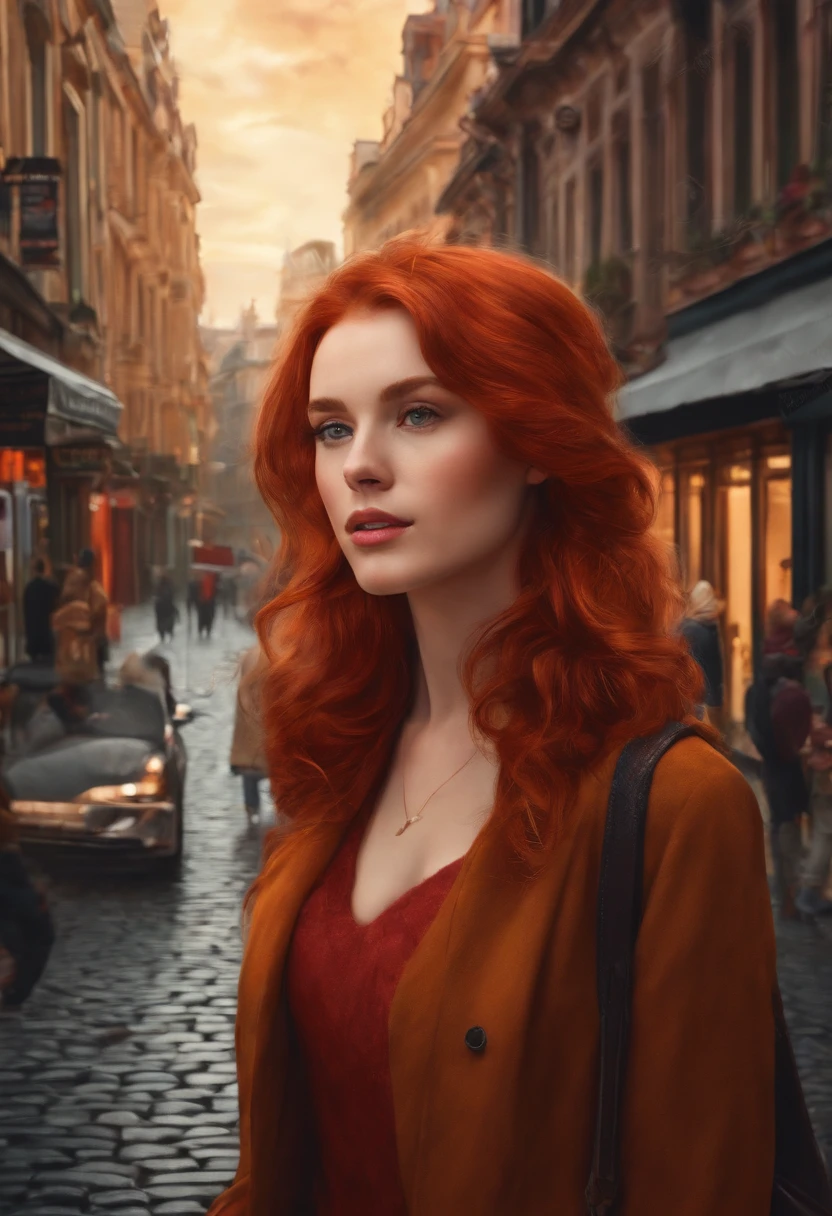 While walking on the street, the red-haired girl focuses on the poster and draws a picture of the street