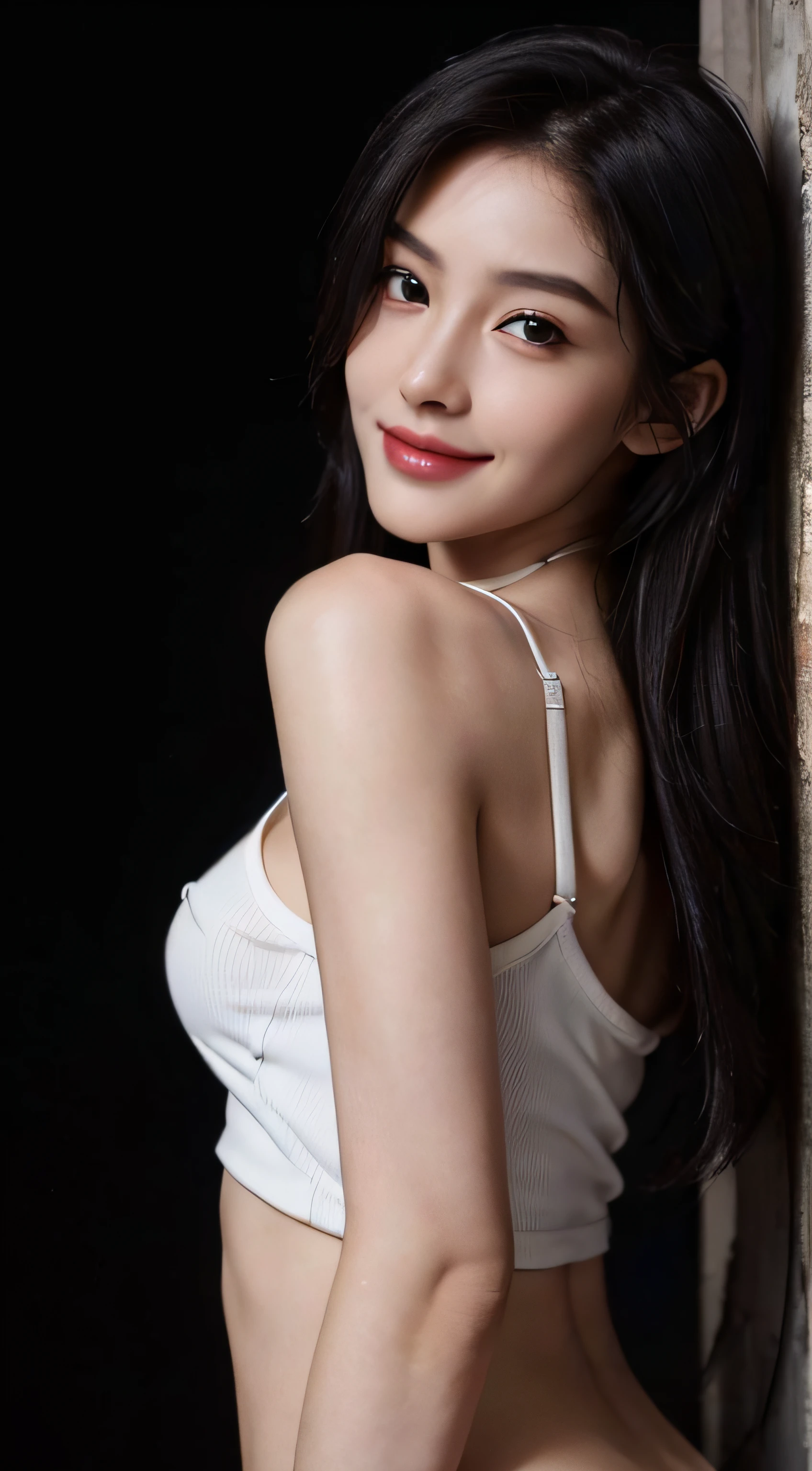 8K, Top Quality, Intricate Details, Ultra Detail, Ultra High Resolution, Masterpiece, (Photoreal: 1.1), (Photo Realistic: 1.2:1.1), Realistic Face Proportions, Slender, Smile, 18 yo girl, (Makeup: 0.4), (Fluffy Black Eyes: 1.21), Black Eyes, Looking at the Viewer, ((full body)), 1girl, solo, 1 girl, ((close up shot)), ((small and beautiful hard nipple)), feminine and sexy posture, ((tall)), (((fit body))), (((slim face))), sharp face, sharp eyes, (((black hair, long hair,)) small lips, smile, ((white top cleavage)), detailed face, detailed breast, Beautiful girl with accentuated slender abs: 1.4, Six Pack Abs: 1.4, Bust Botox, Big, Perfect Body, detail leg, (Photoreal: 1.1), (Photo Realistic: 1.2:1.1), (Dark Night Background: 1.2), shot from behind