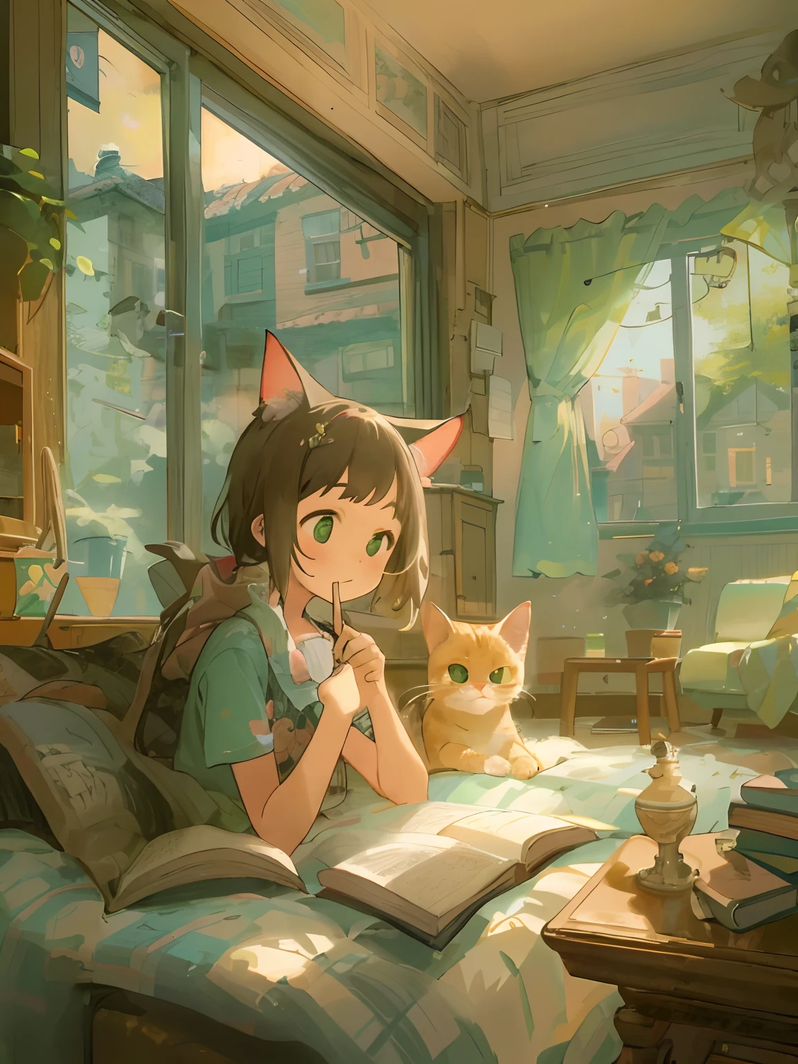 masterpiece, top-quality, 1girl in, The upper part of the body,number of people: One Action: Cat Eared Girl Reading Time: Daytime location: Living room by the window Situation: A quiet moment in the world view of a cute cat-eared girl: Comfortable room atmosphere Camera Angles: Perspective from near the girl reading a book