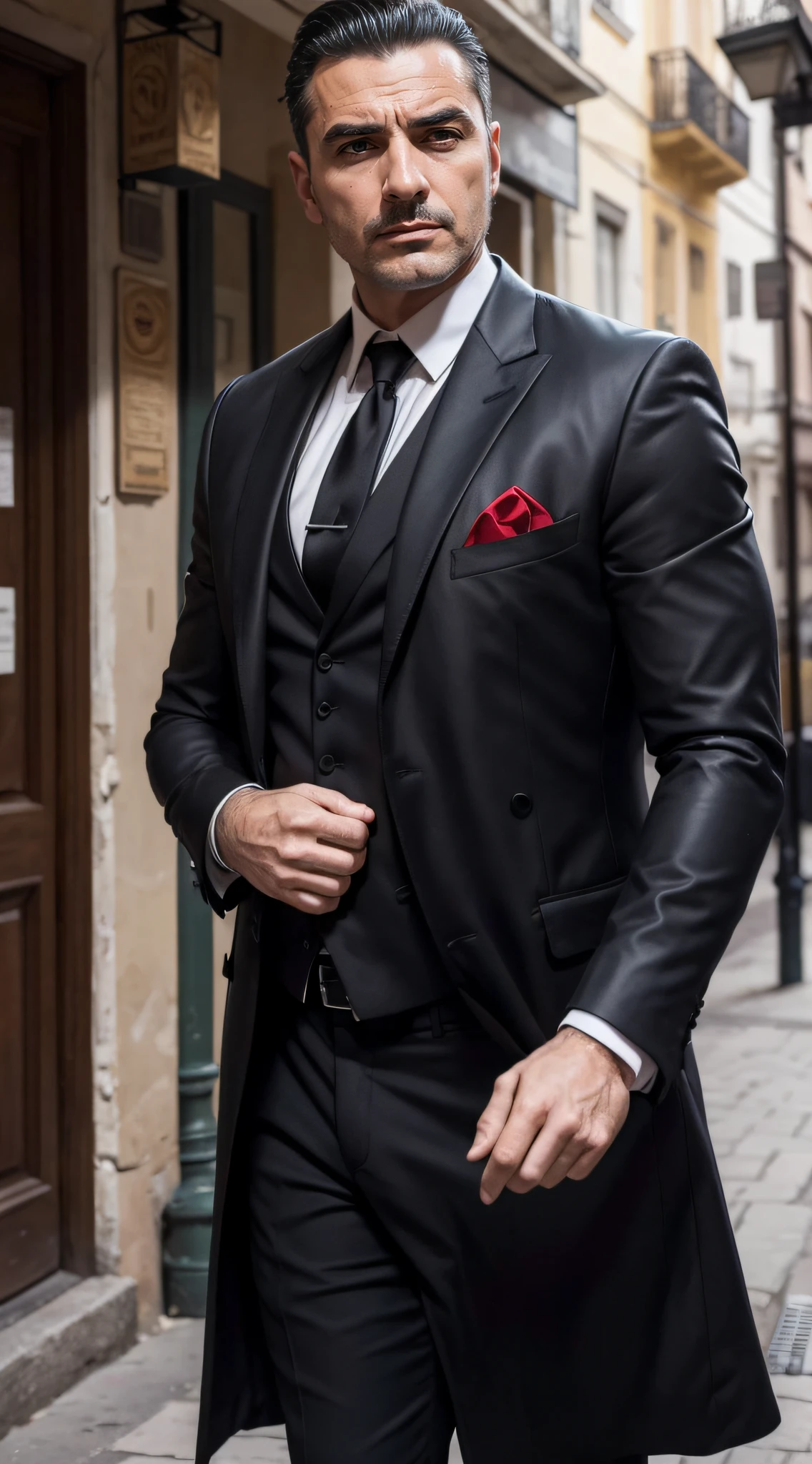 A photo of a quintessential Italian mafioso: he's a middle-aged man, wearing a wide dark woolen overcoat over a black suit with a white shirt and a red tie. He has dark, slicked-back hair and a clean-shaven face. In his hands, an assault riffle. His speech is smooth and confident, with a heavy Italian accent. In the background, there's an Italian street atmosphere. This mafioso is the embodiment of style, charisma, and the mystique of the Italian mafia world.