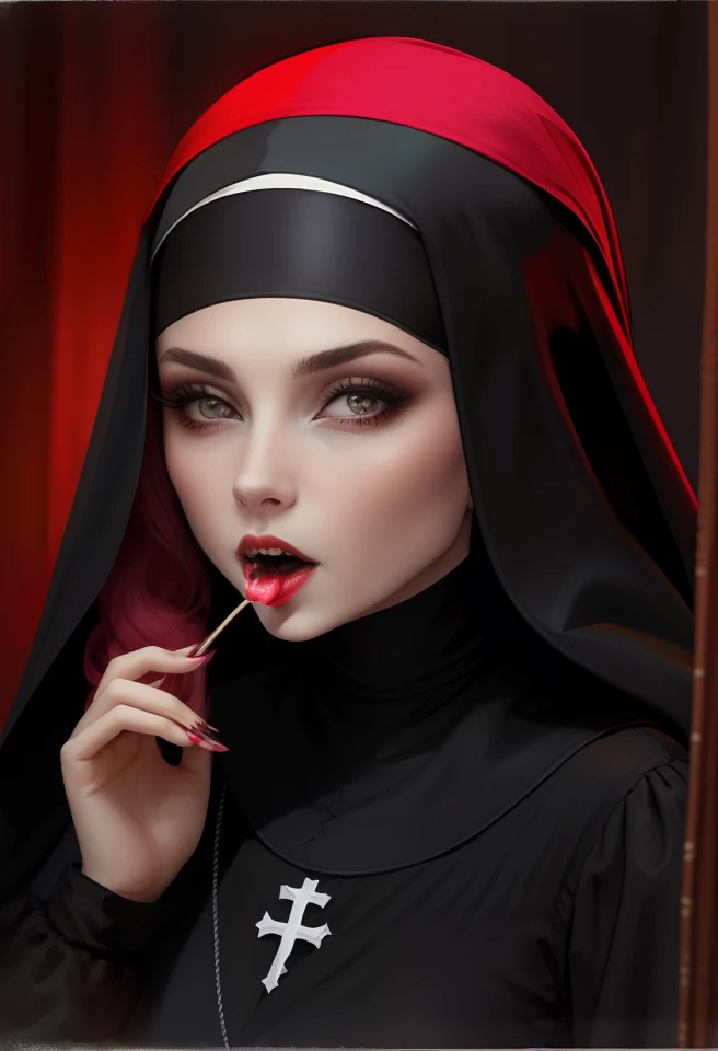 woman suckling a lollipop with a scarf around her neck, gothic nun fashion model, nun. vampire nun