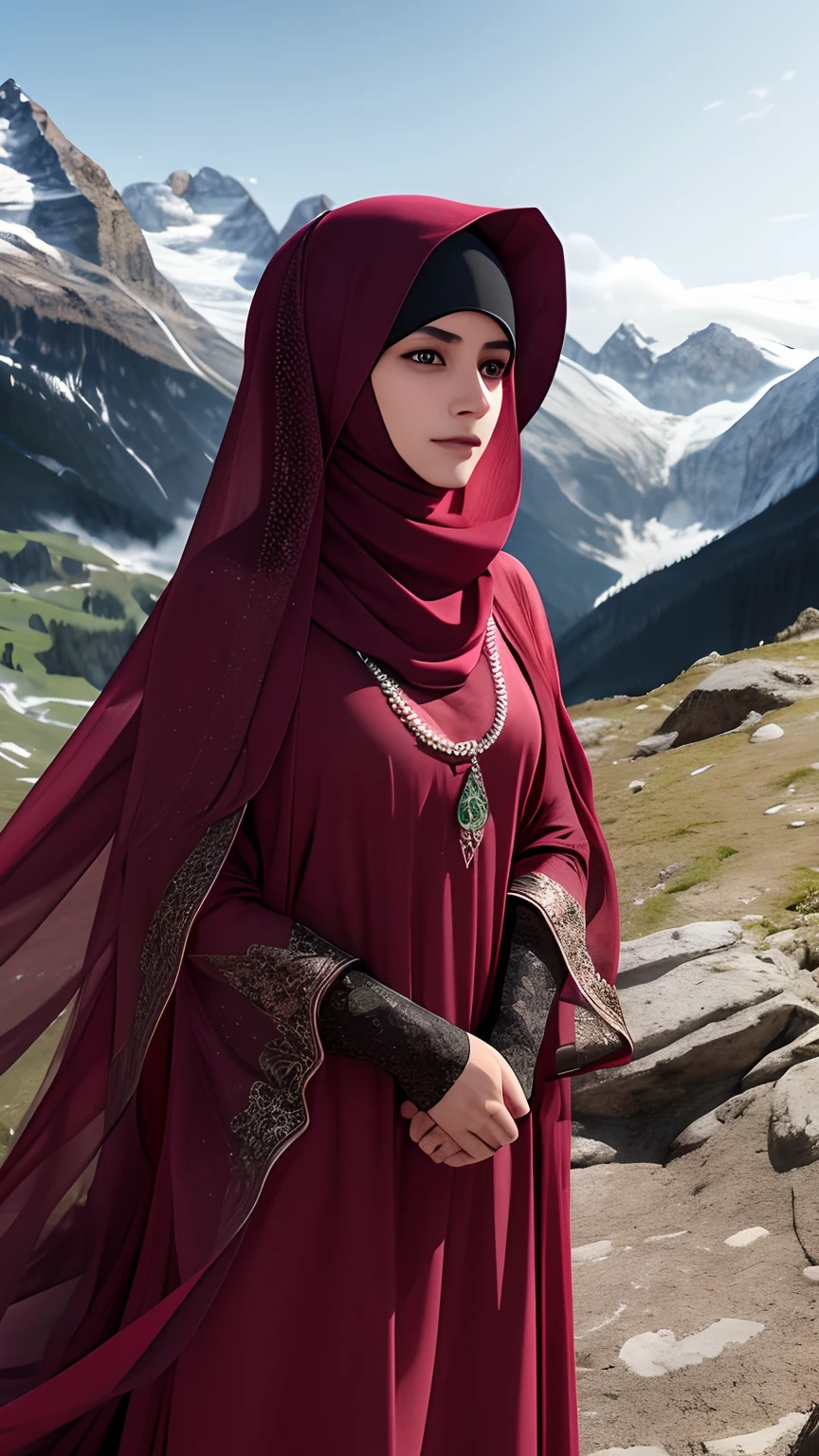 Beutiful muslim girl wearing burkha realistic face 8k ultra realistic masterpiece,ultra realistic,32k,extremely detailed CG unity 8k wallpaper, best quality,
The Swiss Alps, Switzerland, ( Dark red A-line dress ) ,((spring day )), Beachy waves with a side part ,eardrop,lady ,necklace,