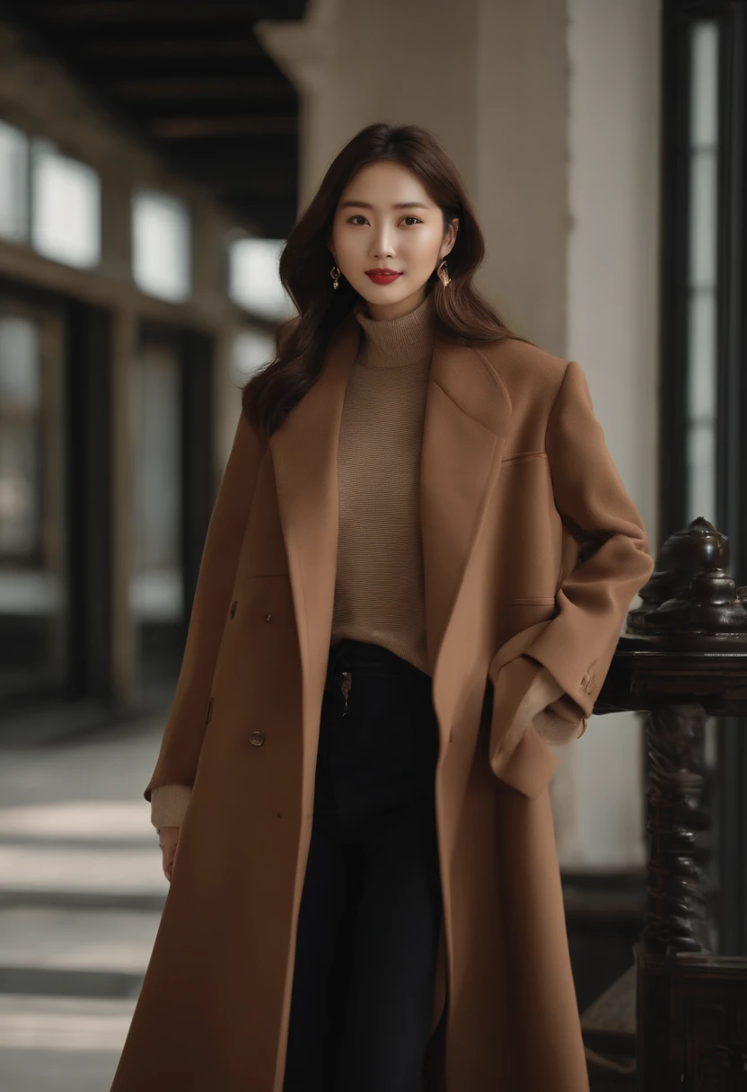 (8k, raw photo), filmgrain, 超高分辨率, Super meticulous, (Ultra-skin details), strong rimlight,,A woman in a brown coat and knee-length boots stood in the room, dressed with long fluent clothes, bae suzy, ( ( wearing a long coat ) ), wearing a long coat, brown clothes, her wardrobe is attractive, short skirt, Long brown coat, korean women's fashion model, style kim jung gi,Three-dimensional facial features,without mask,largeeyes,tall nose bridge,front smile,little mouth,waved hair ((pale brown hair)),(真实感:1.3)rays of sunshine,