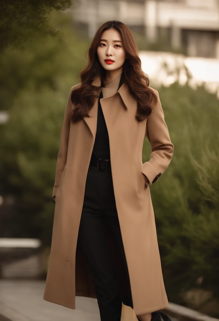 (8k, raw photo), filmgrain, 超高分辨率, Super meticulous, (Ultra-skin details), strong rimlight,，A woman in a brown coat and knee-length boots stood in the room, dressed with long fluent clothes, bae suzy, ( ( wearing a long coat ) ), wearing a long coat, brown clothes, her wardrobe is attractive, short  skirt, Long brown coat, korean women's fashion model, style kim jung gi，Three-dimensional facial features，without mask，largeeyes，tall nose bridge，front smile，little mouth，waved hair （（pale brown hair）），（真实感：1.3）rays of sunshine，