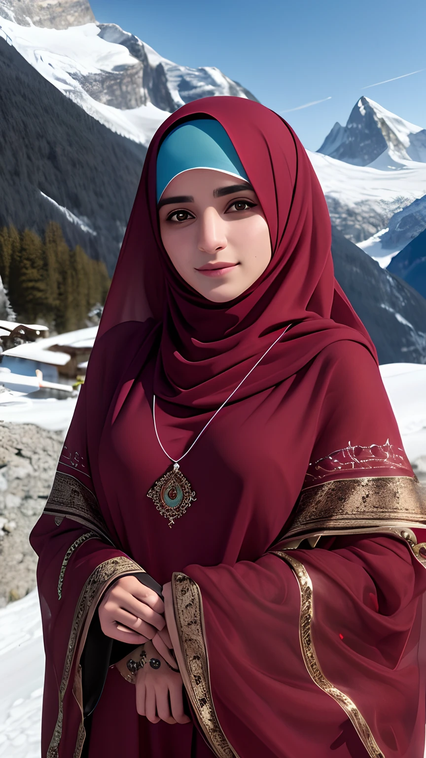 Beutiful muslim girl wearing burkha realistic face 8k ultra realistic masterpiece,ultra realistic,32k,extremely detailed CG unity 8k wallpaper, best quality,
The Swiss Alps, Switzerland, ( Dark red A-line dress ) ,((spring day )), Beachy waves with a side part ,eardrop,lady ,necklace,
