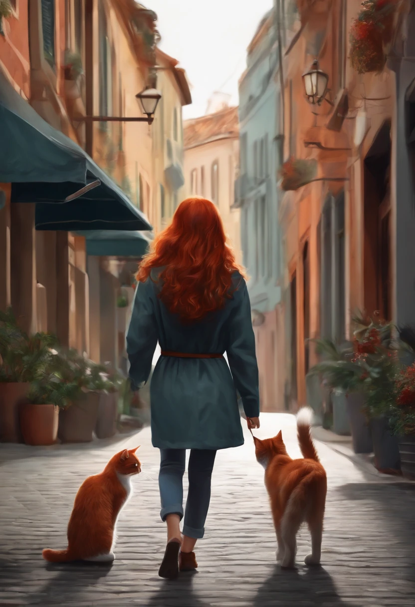 redhead girl focusing on poster while walking on street drawing gray cat