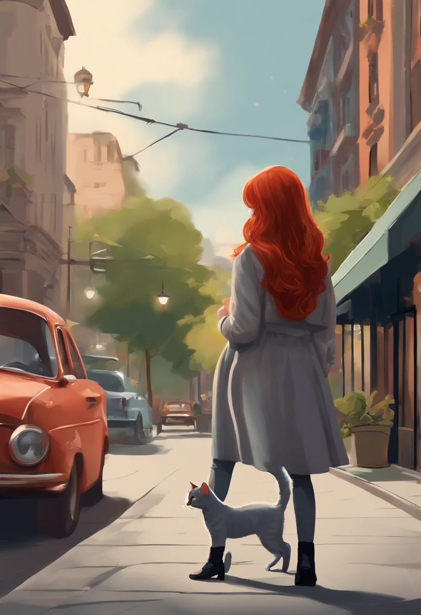 redhead girl focusing on poster while walking on street drawing gray cat