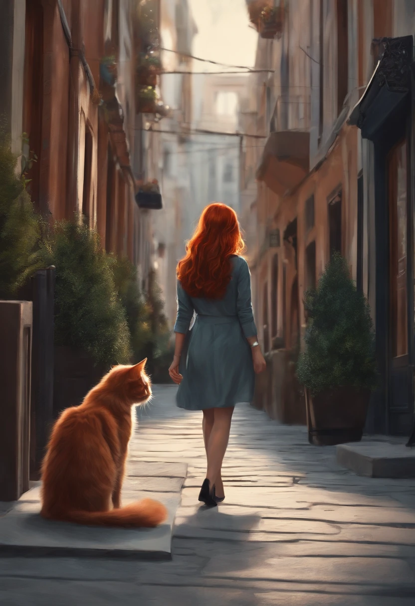 redhead girl focusing on poster while walking on street drawing gray cat