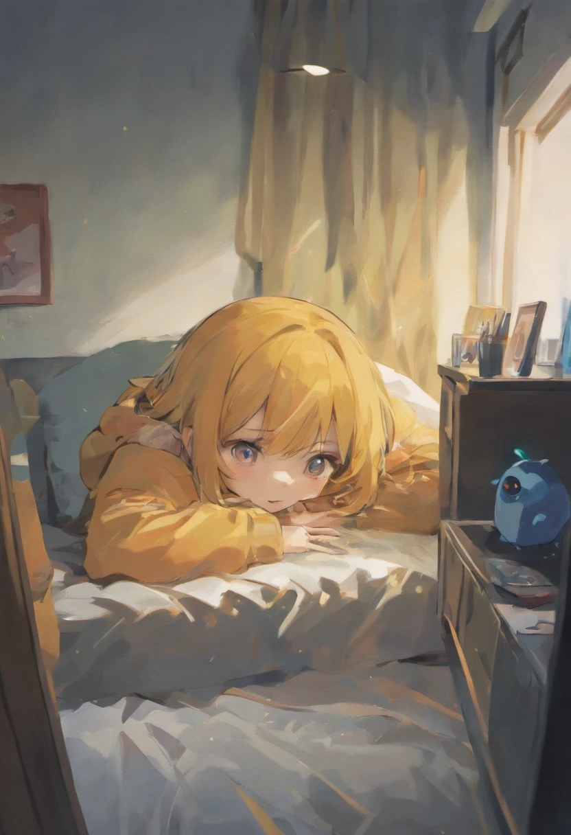 Anime boy hiding under blanket in bedroom，There is a stuffed toy, covered with blanket, cozy under a blanket, atey ghailan 8 k, Guviz-style artwork, Digital anime illustration, Makoto Shinkai Cyril Rolando, cozy wallpaper, curled up under the covers, Soft anime illustration, Cute detailed digital art, drawn in anime painter studio