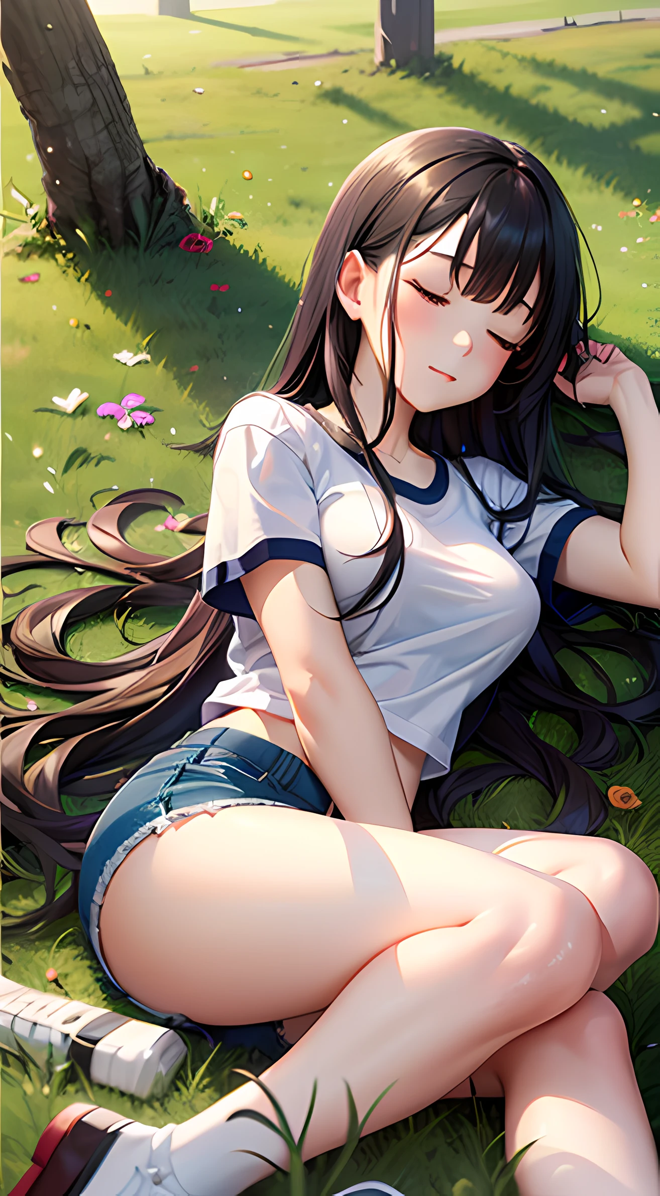 (masterpiece, best quality, highres, UHD, perfect pixel) 1girl, black hair, long hair, sleeping on grass, wallpaper, blue hot pants, white tshirt