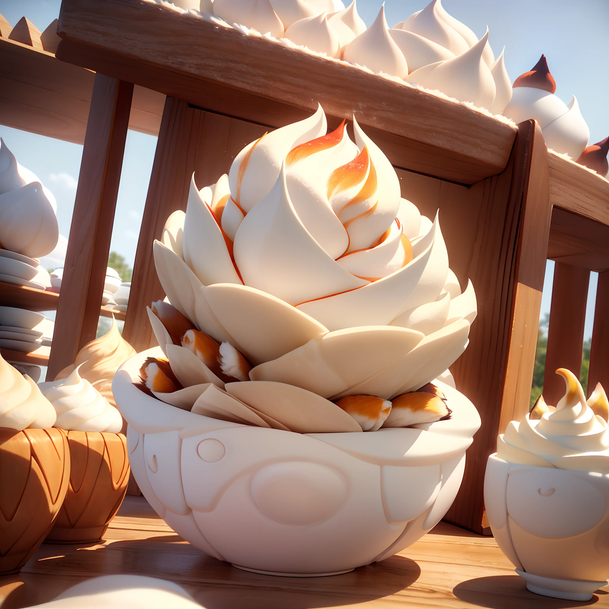 A red panda made of three-dimensional undulating meringue,(3D latte art):2, Frothy milk Inside the mug, 3D, sepia, (The world inside the mag:1.4), Latte art artist, craftsman making latte art, colourful latte art, pastel-coloured latte art, (3D red panda made of fluffy meringue:1.4),