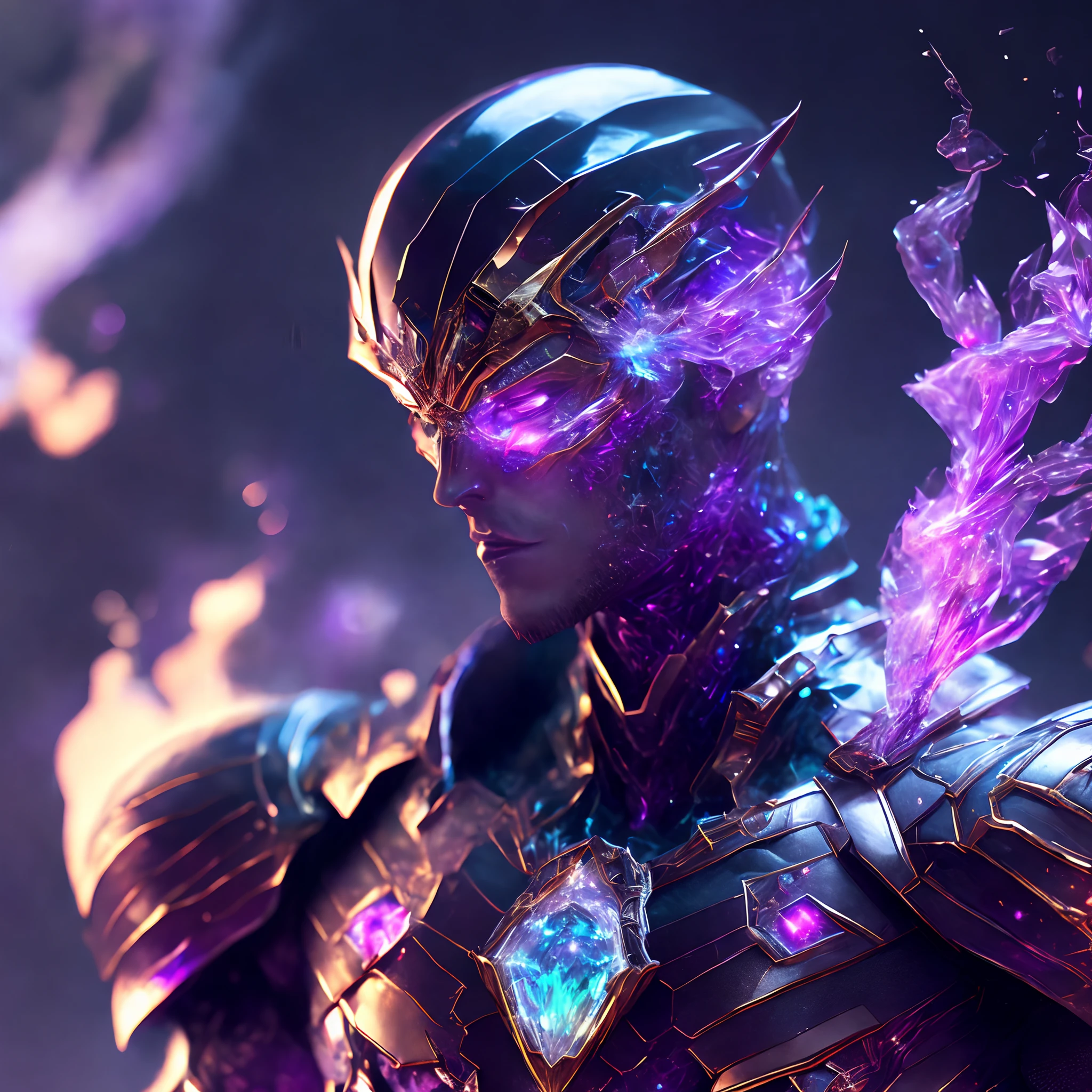 Close-up ( Crystal man from Marvel in Goth style: 1.3) emerging from multi colored crystal, extremely detailed, smoke, sparks, metal shavings, flying debris, volumetric light