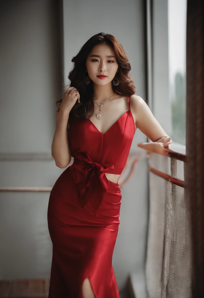 Best quality at best,tmasterpiece,Super beauty,korean people,silber hair,messy hair,curly_hair,The shirt,Superskirt,Bigchest,JK,red_bow,Wrist watch,choker necklace,view over city,8K original photos,超高分辨率,highest details,复杂,8k,HDR,