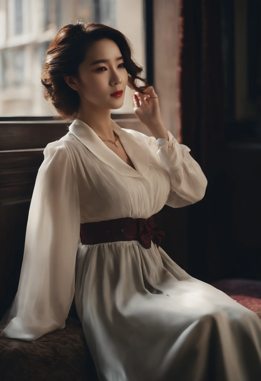 Best quality at best,tmasterpiece,Super beauty,korean people,silber hair,messy hair,curly_hair,The shirt,Superskirt,Bigchest,JK,red_bow,Wrist watch,choker necklace,view over city,8K original photos,超高分辨率,highest details,复杂,8k,HDR,