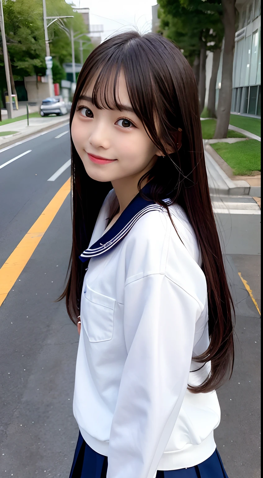 masterpiece, Better Quality, hight resolution, 1 girl,Long straight hair, School Uniforms,a sailor suit,In the street, sweat drop,(A dark-haired:1.1),Highly exposed、A smile、the wind